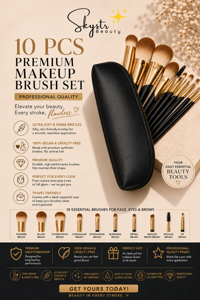 10-Piece Premium Makeup Brush Set with Elegant Travel Bag