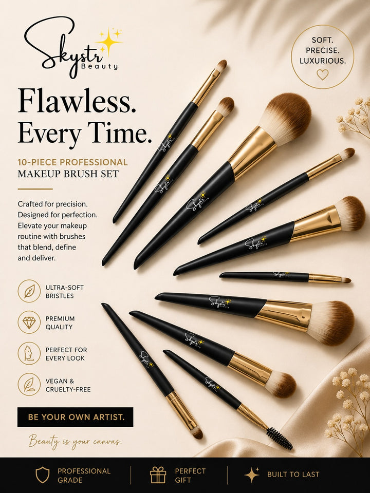 10-Piece Premium Makeup Brush Set with Elegant Travel Bag