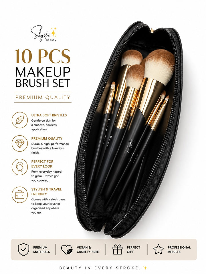 10-Piece Premium Makeup Brush Set with Elegant Travel Bag
