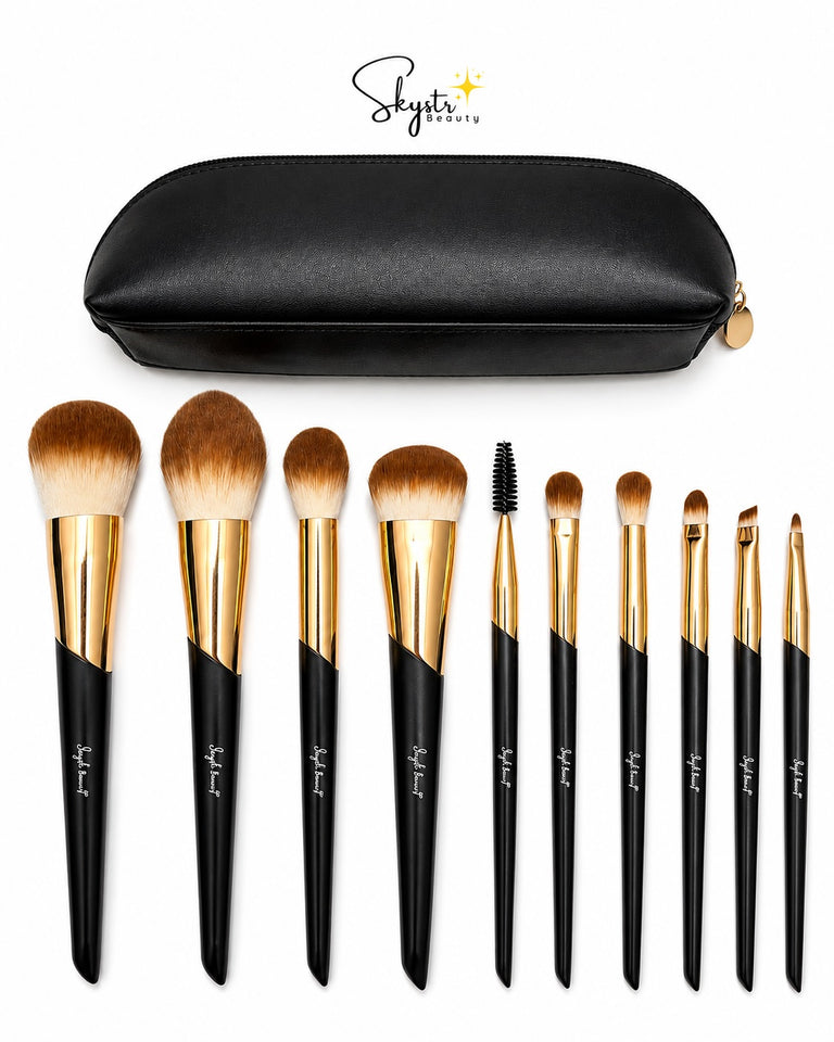 10-Piece Premium Makeup Brush Set with Elegant Travel Bag